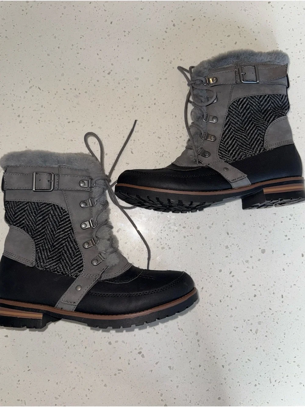 Rock & Candy Gray and Black Lace-Up Winter Boots with Faux Fur Trim